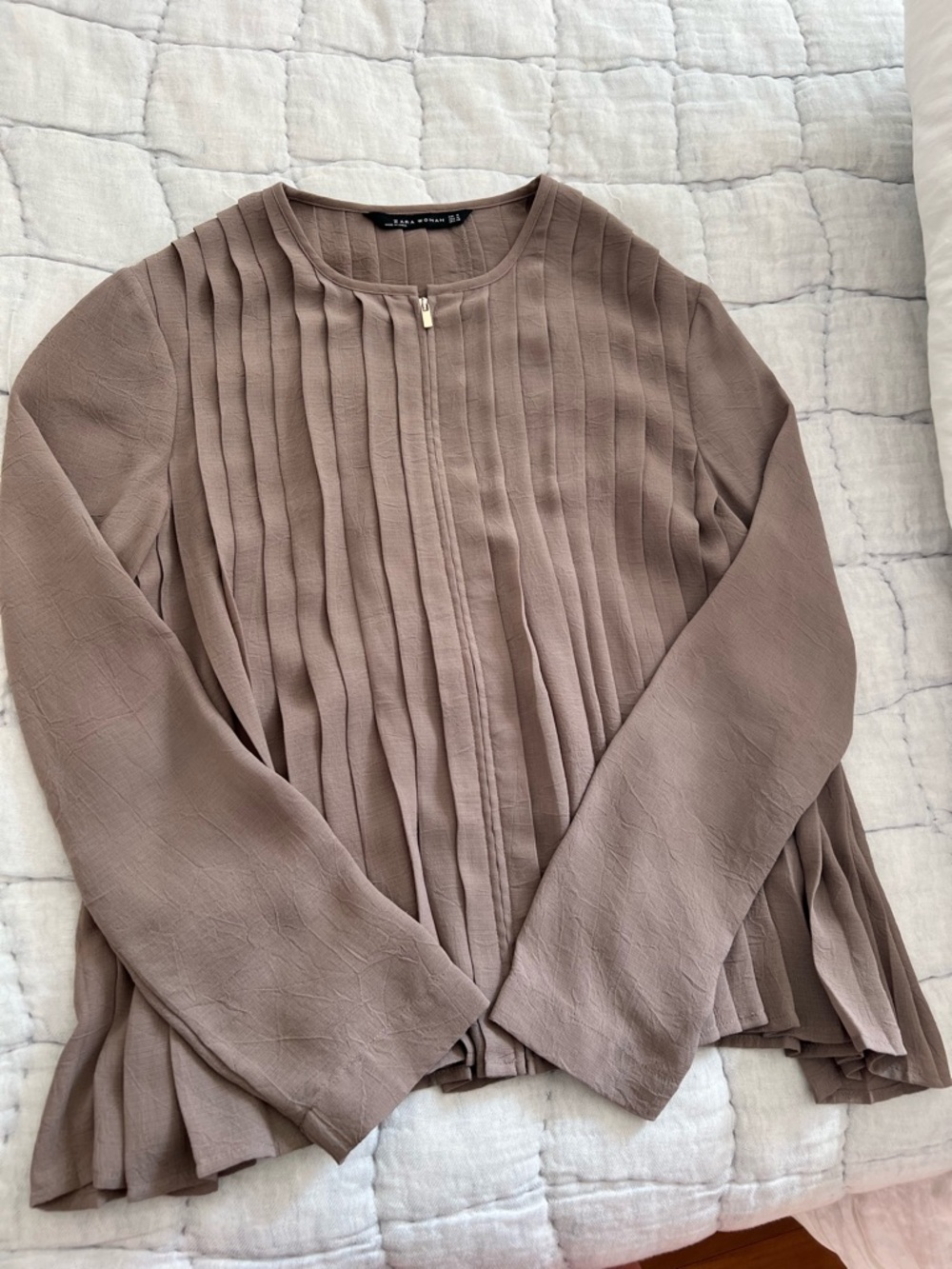 Zara Taupe Pleated Long-Sleeve Tunic